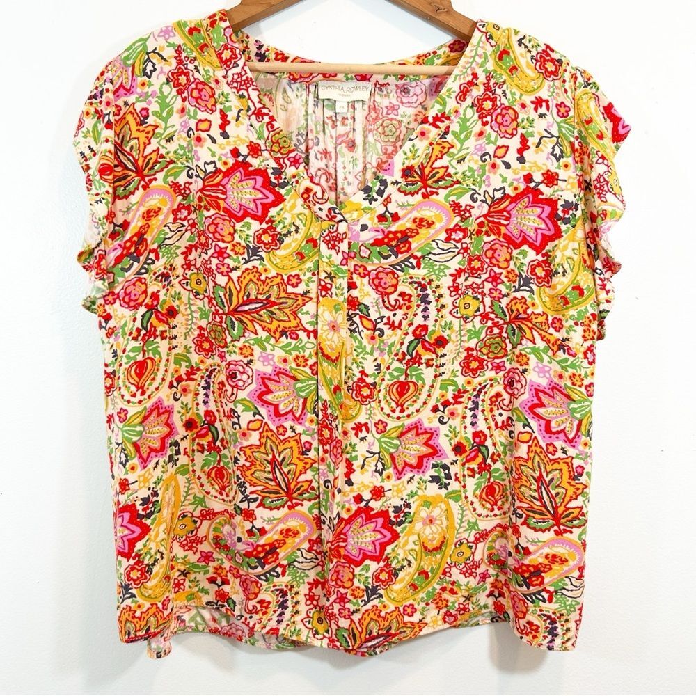 Cynthia Rowley Vibrant Floral Blouse - Red, Pink, Yellow Bohemian Boxy